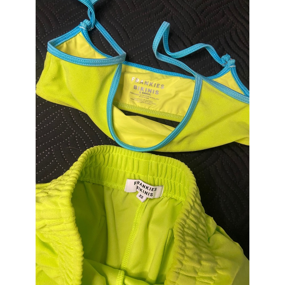Frankies Bikinis Morgan Shorts & Terry Bikini Top Set Neon Yellow Green Blue XS - Picture 3 of 6